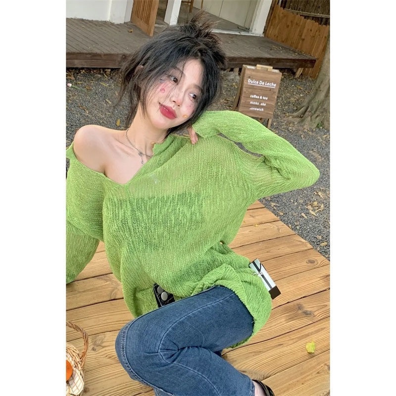 Áo Dệt Kim Tay Dài Cổ Chữ V Form Rộng Thời Trang Hàn Quốc