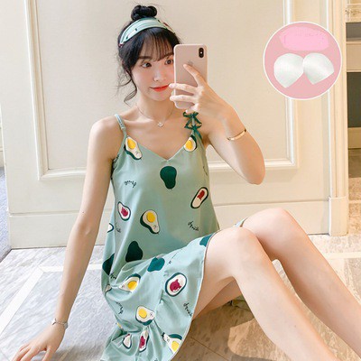 Váy ngủ hai dây đầm ngủ thun mềm mịn có đệm ngực (Kèm bịt mắt)