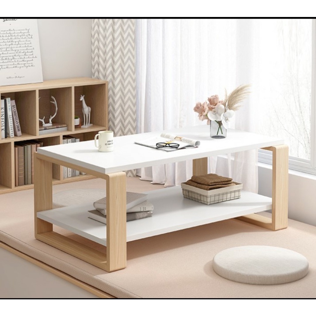 Bàn trà kiểu Nhật chân gỗ sồi 2 tầng cao cấp màu vân gỗ sáng , bàn sofa 2 tầng kích thước 120*60*43cm - kagu
