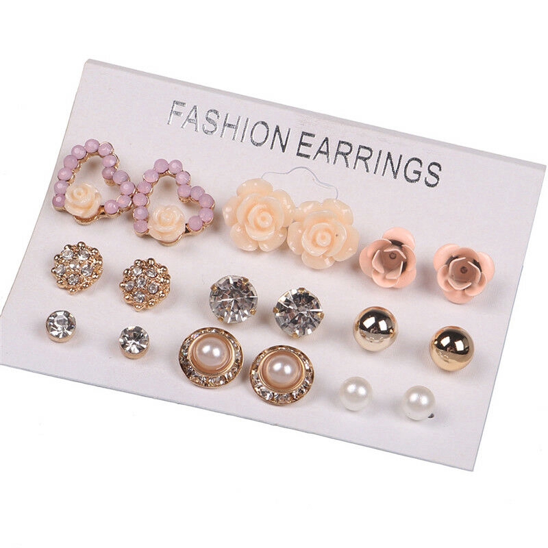 9 Pairs/ Set Crystal Pearl Flower Exquisite Women Stud Earrings Jewelry
