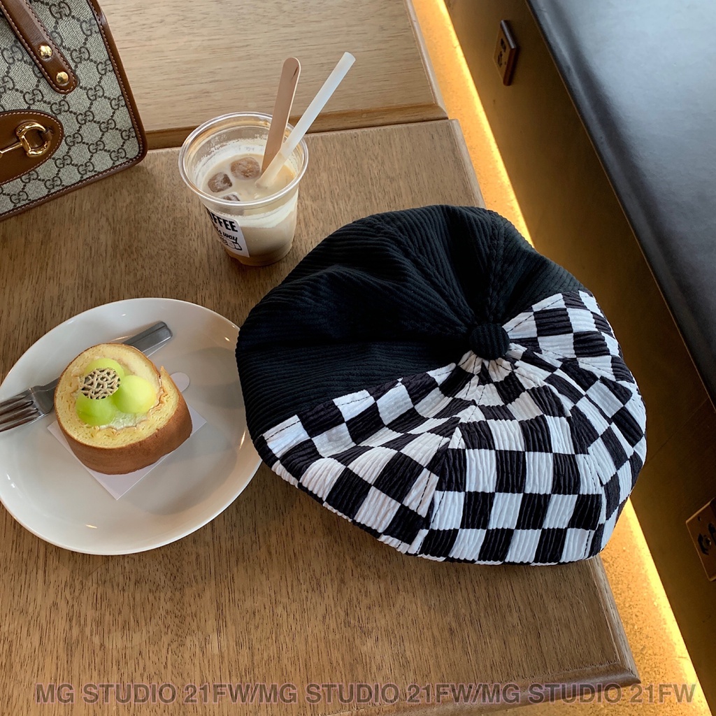 Mũ beret MG STUDIO màu đen họa tiết sọc ca rô