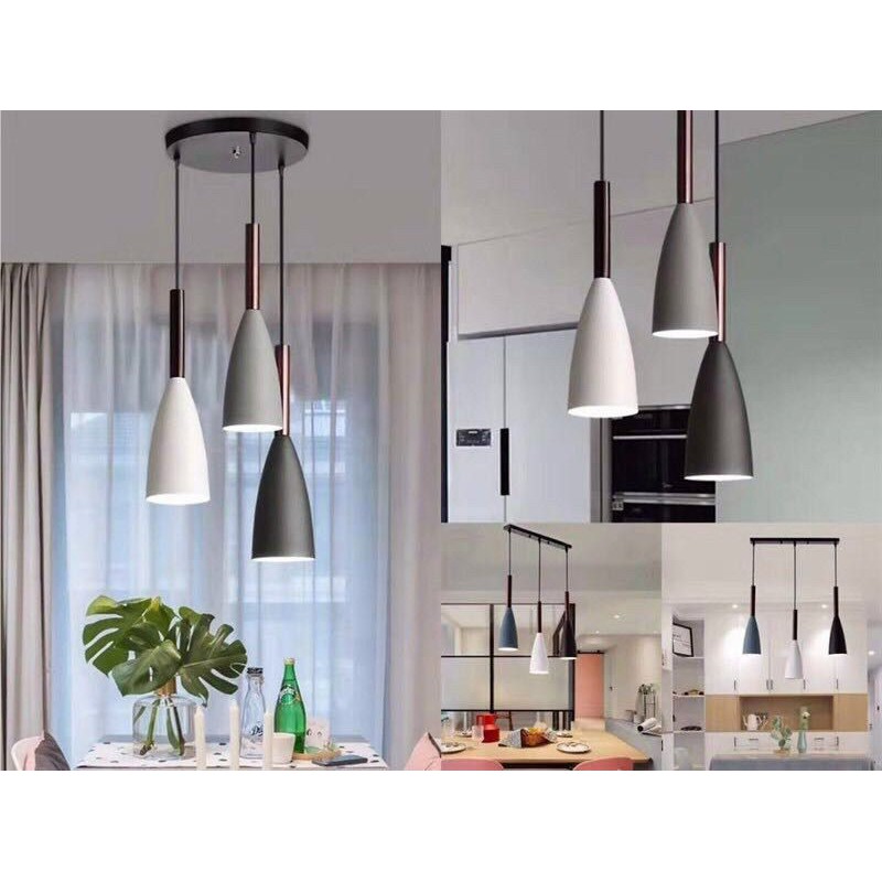 Bộ đèn thả trần 3 chao nhôm chuôi gỗ kèm bóng led 5w