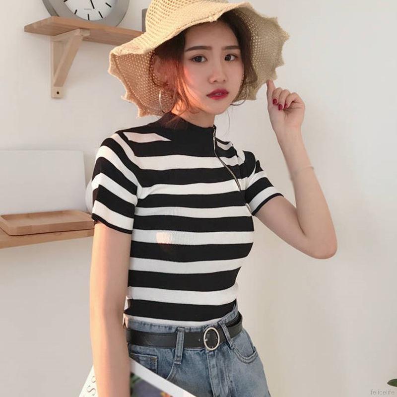 Áo Thun Ngắn Tay Kẻ Sọc Thời Trang Hàn Quốc Xinh Xắn Cho Nữ