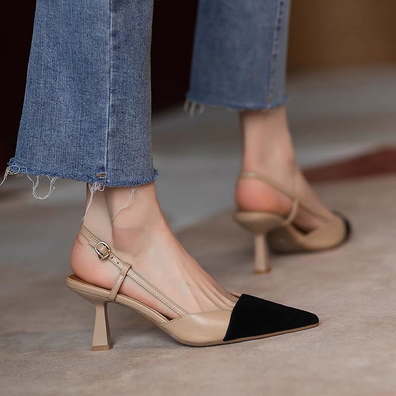 [SẴN HÀNG]Giày cao gót nữ mũi nhọn dáng slingbacks hở gót sau phối màu