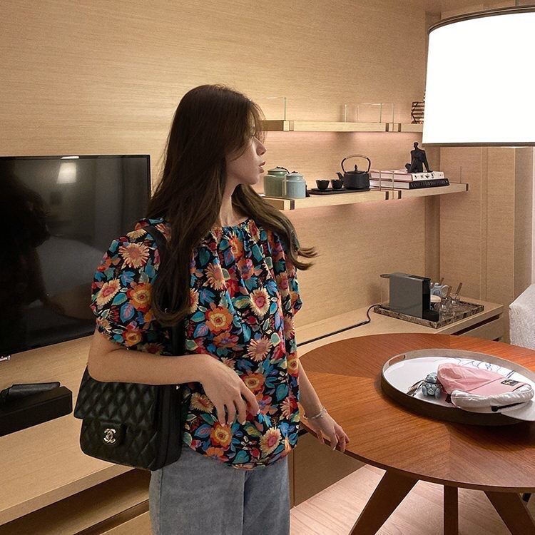 Áo Trễ Vai Tay Phồng Họa Tiết Hoa Hướng Dương Thời Trang Phong Cách Hàn Quốc Mới Cho Nữ