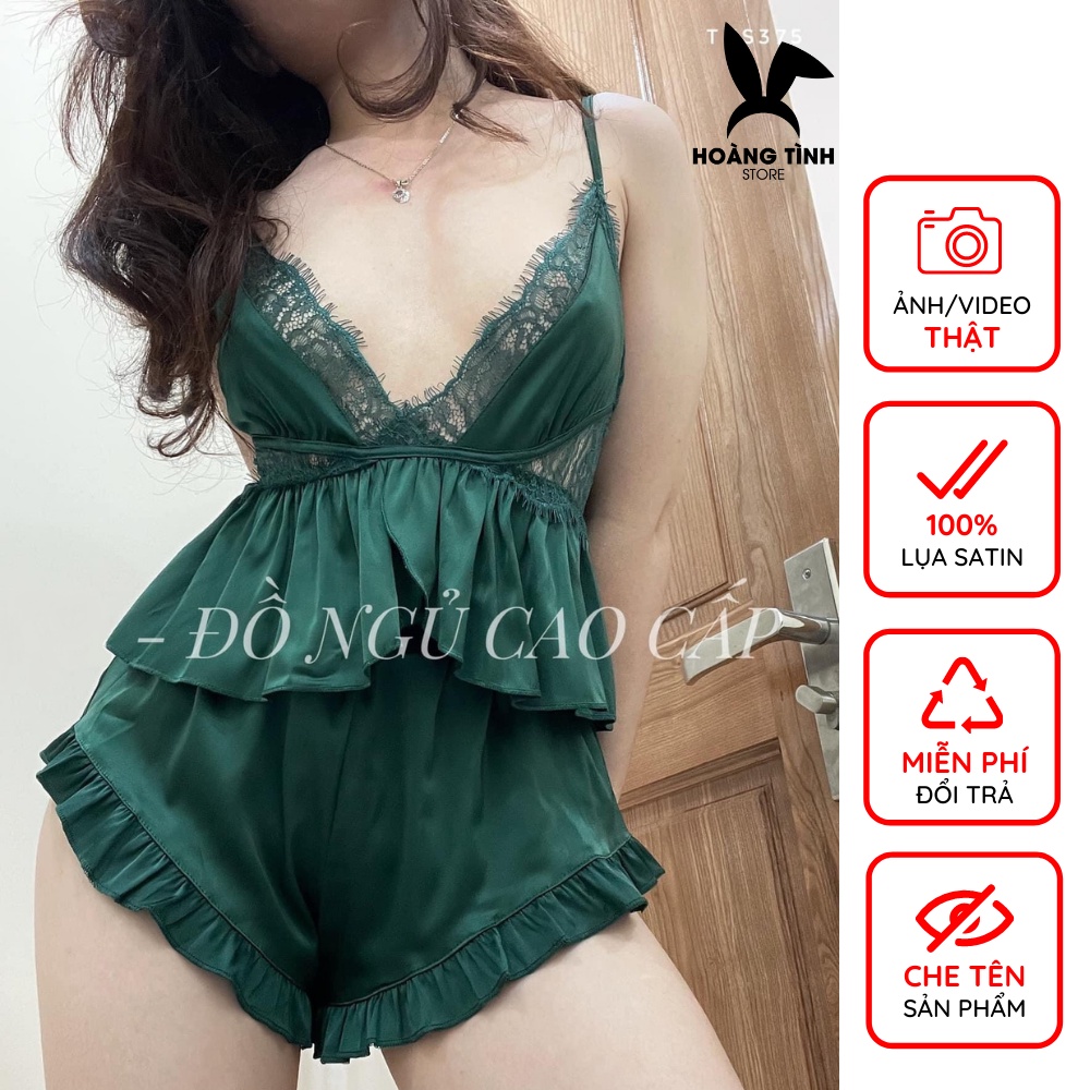 Đồ ngủ sexy 2 dây phối ren ngực gợi cảm Hoàng Tình Store lụa satin quyến rũ mềm mại thoáng mát Freesize