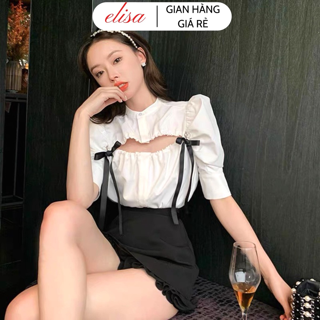 Áo sơ mi nữ khoét ngực sexy, Sơ mi kiểu tay ngắn đính nơ tay bồng tiểu thư cực xinh M83