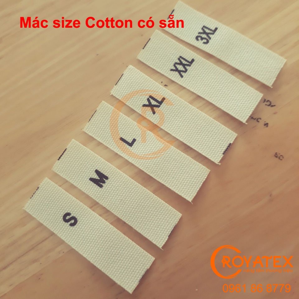 50c Mác size in chất liệu cotton, mác in sẵn size tiêu chuẩn S M L XL 2XL 3XL, in rõ sáng đẹp