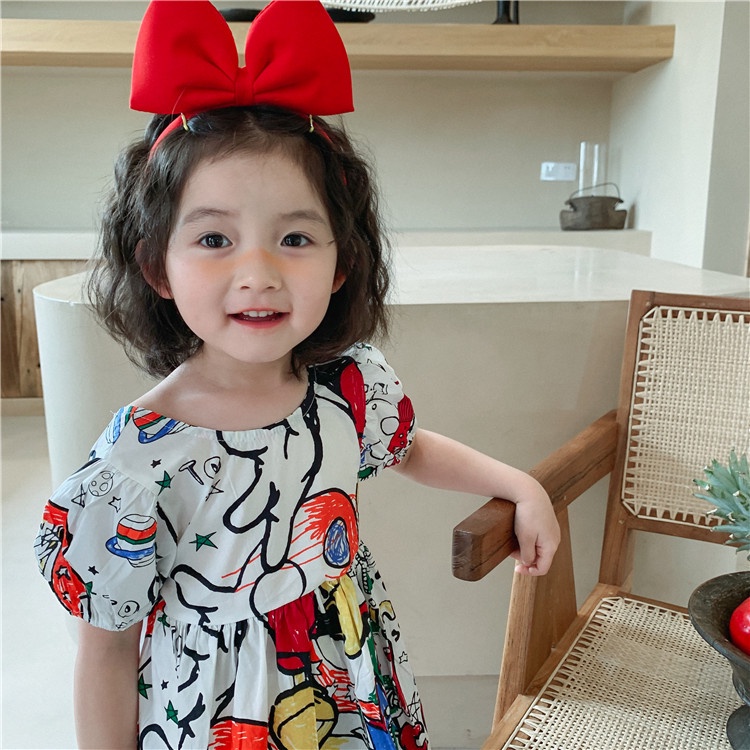 Đầm   tay ngắn hở lưng họa tiết graffiti thời trang mùa hè cho bé gái 1-6 tuổi