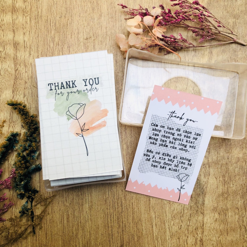 Hộp nhựa 100 thiệp cám ơn, card cảm ơn, thank you card mẫu 8 NEW, 9 NEW có lời nhắn dùng để tặng khách hàng