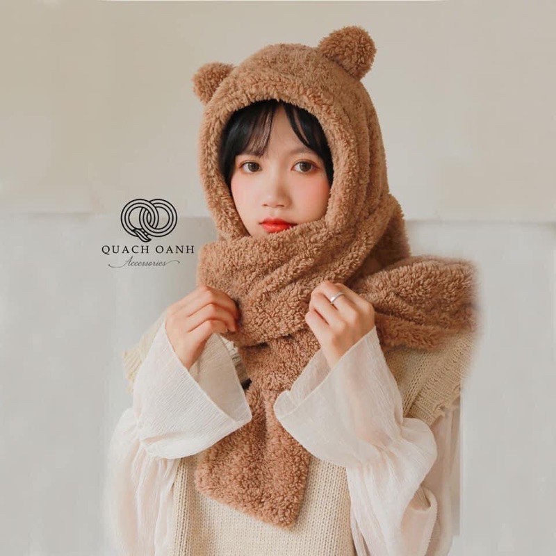 Khăn bông kèm mũ tai gấu 3 in 1