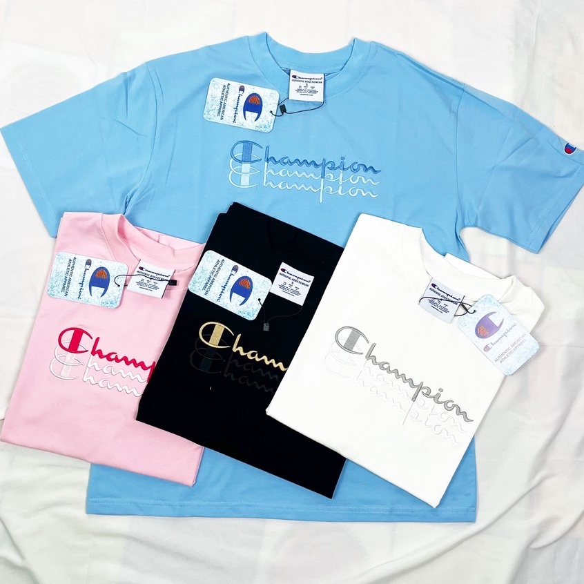 Áo thun Champion Logo thêu 3 line, Áo thun Unisex tay lỡ nam nữ Form rộng Oversize chất Cotton