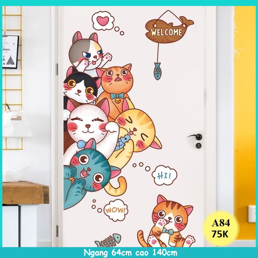 Decal dán tường Mèo welcome A84 - Decal dán tường Hàn Quốc
