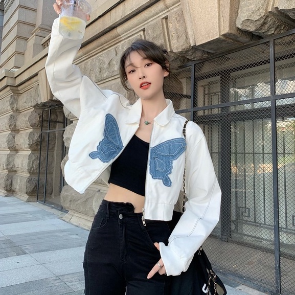 Áo khoác ZHELIHANGFEI dài tay eo cao thêu hình bướm thời trang quyến rũ cao cấp