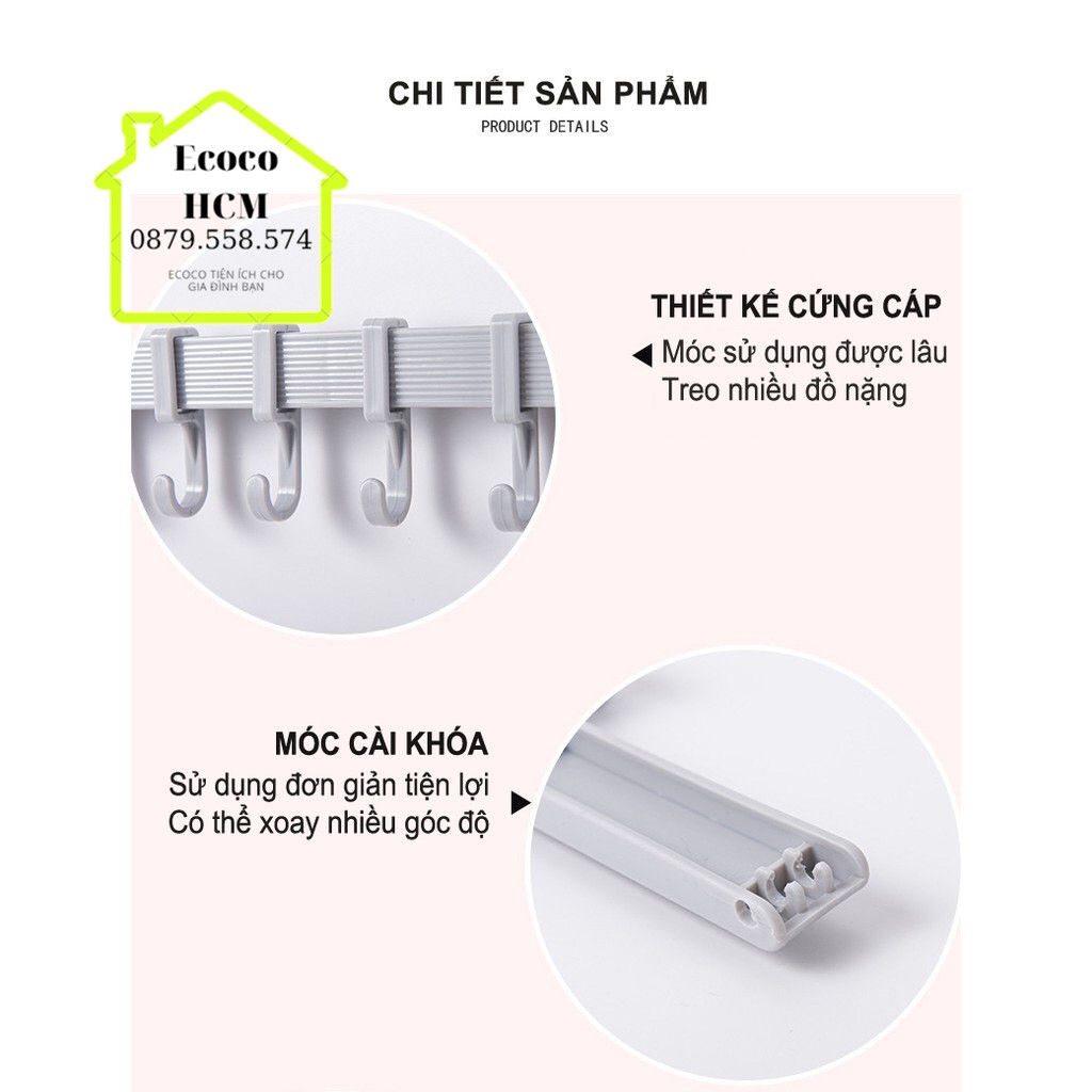 Thanh treo đồ 6 móc siêu dính, Dán Tường Nhà Tắm, Nhà bếp, Tủ Quần Áo không cần khoan đục