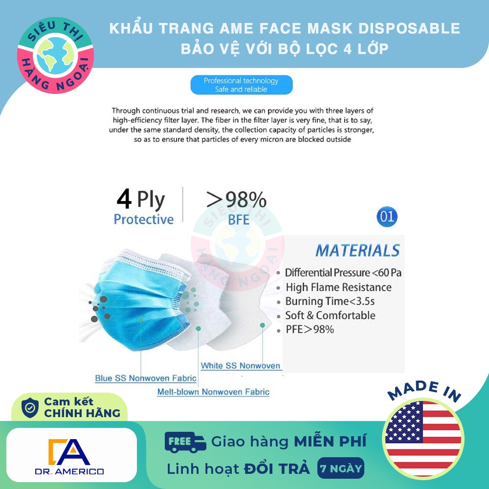 Khẩu trang Ame Face Mask Disposable 4 Layer Filter Protection [Bảo vệ với bộ lọc 4 lớp] USA Siêu Thị Hàng Ngoại