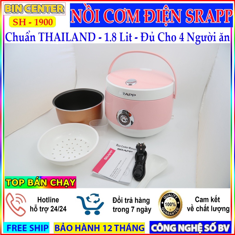 Nồi Cơm Điện Mini SRAPP SH-1900 Chuẩn Thailand Dung Tích 1.8 Lít Tặng Kèm Giá Hấp, Phù Hợp 3-6 Người Ăn