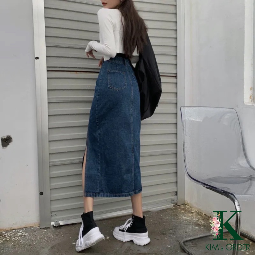 Chân váy Jean nữ màu xanh đen dáng dài xẻ tà lưng cao điều chỉnh eo tôn dáng hàng Quảng Châu phong cách Ulzzang Hàn Quốc | WebRaoVat - webraovat.net.vn