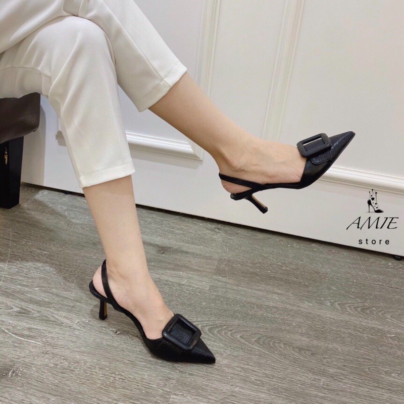 Giày Cao Gót Da Rắn Mũi Nhọn Khoá Vuông