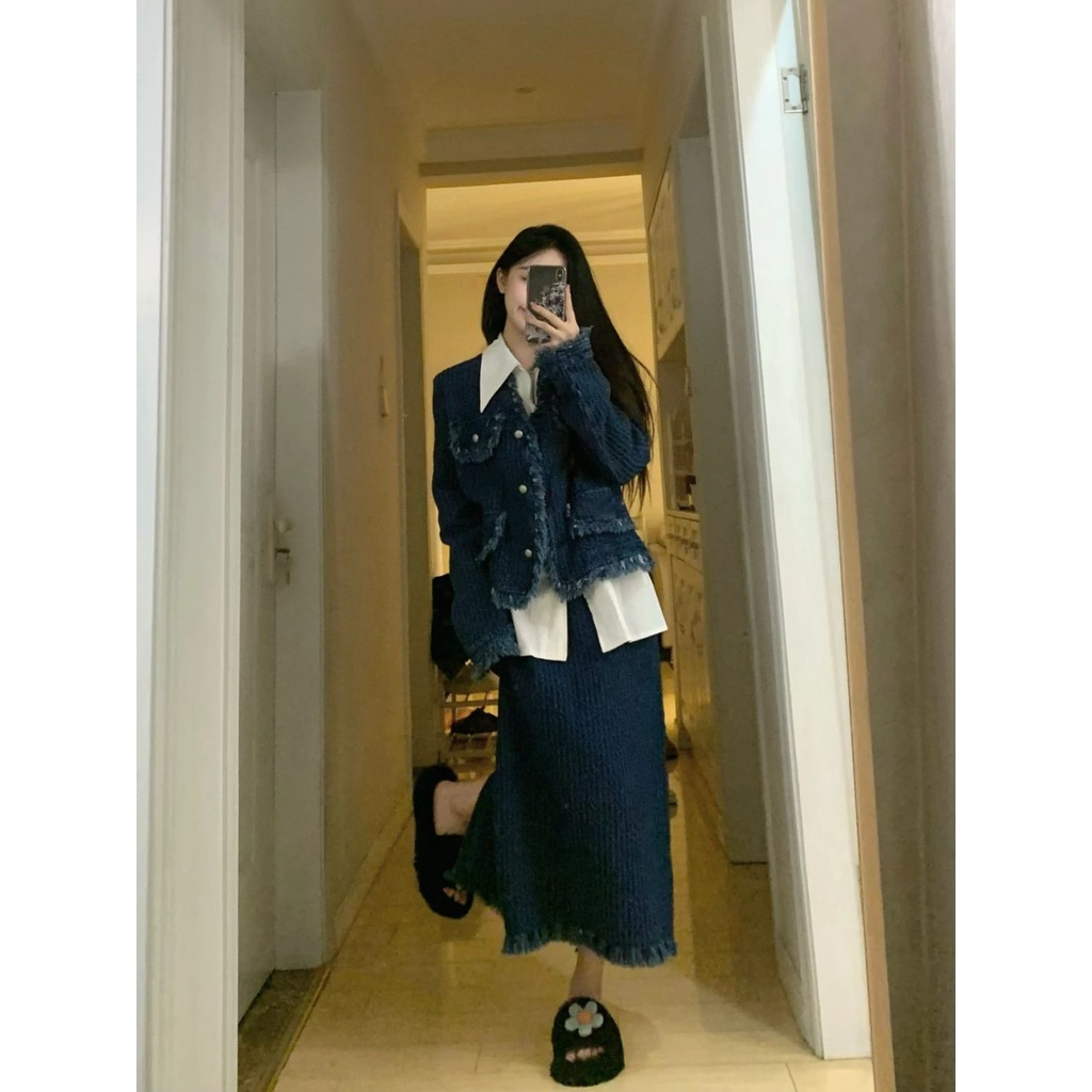 Áo khoác denim Xiaoxiangfeng với vành suông phong cách retro