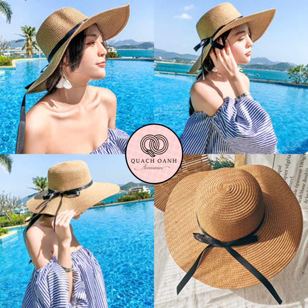 Mũ cói mềm, nón cói đi biển nữ vành rộng dây nơ đen phong cách vintage chống nắng – MU44