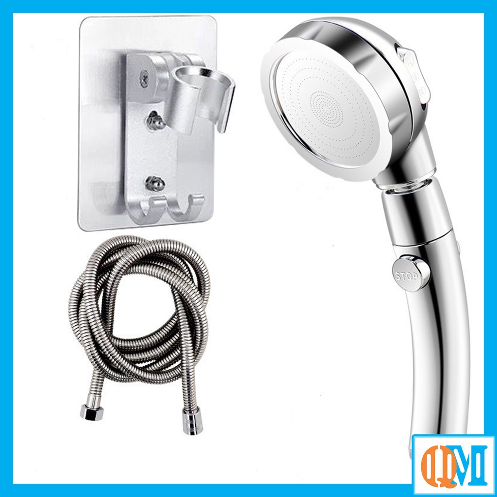Bộ vòi hoa sen tăng áp cao cấp mạ bạc xoay 360 độ ( Tay sen + Dây sen 1.5m + Cài Nhôm dán) - QM.TS017B3