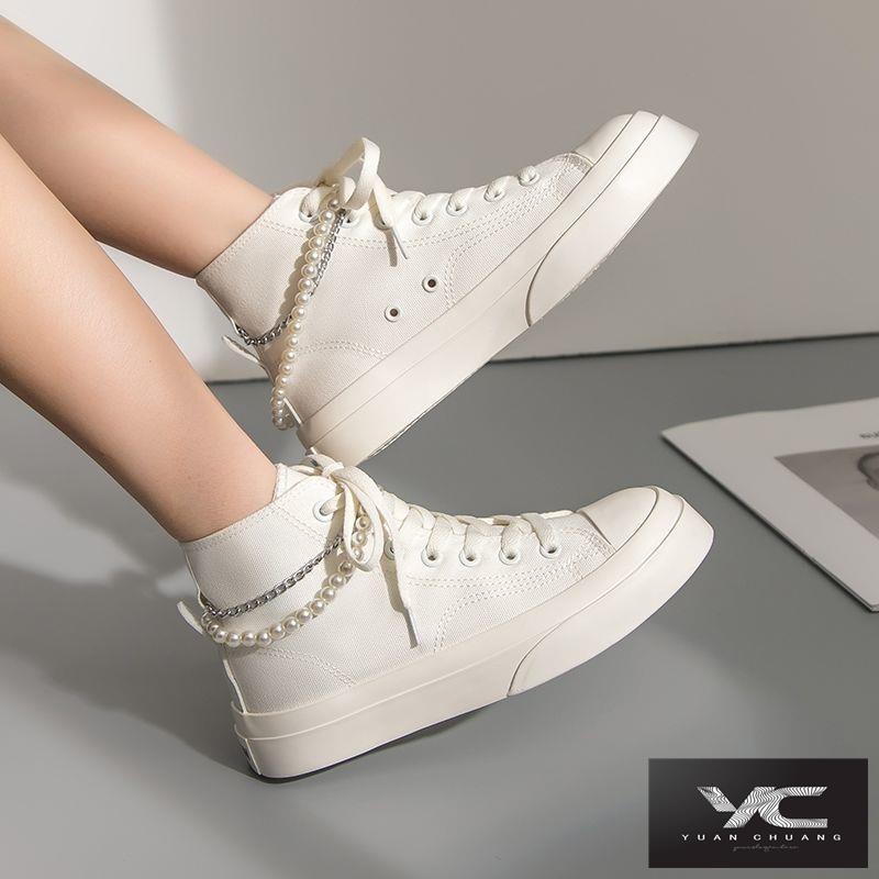 Giày Vải Canvas Cổ Cao Đính Ngọc Trai Phối Dây Xích Thời Trang Mùa Thu Cho Nữ 2022