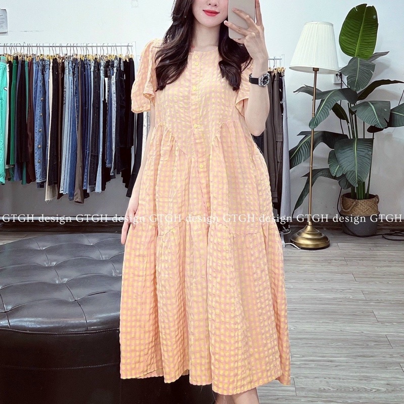 Đầm kẻ babydoll dáng dài siêu xinh- Váy kẻ hot che được mọi khuyết điểm