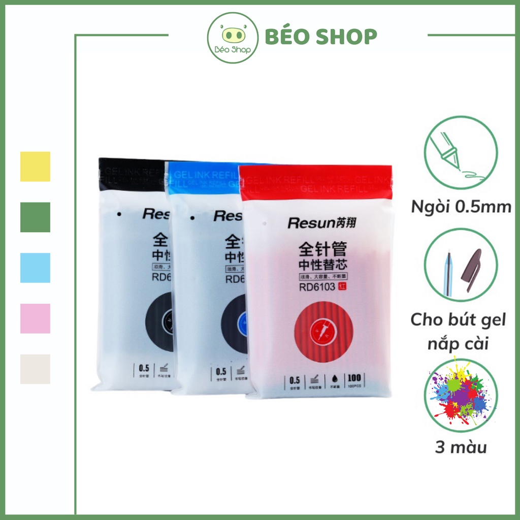 Ruột bút bi gel Béo shop ngòi kim và ngòi đạn Resun 0.5mm mực đen xanh đỏ dùng cho viết gel B28 nắp cài RB04