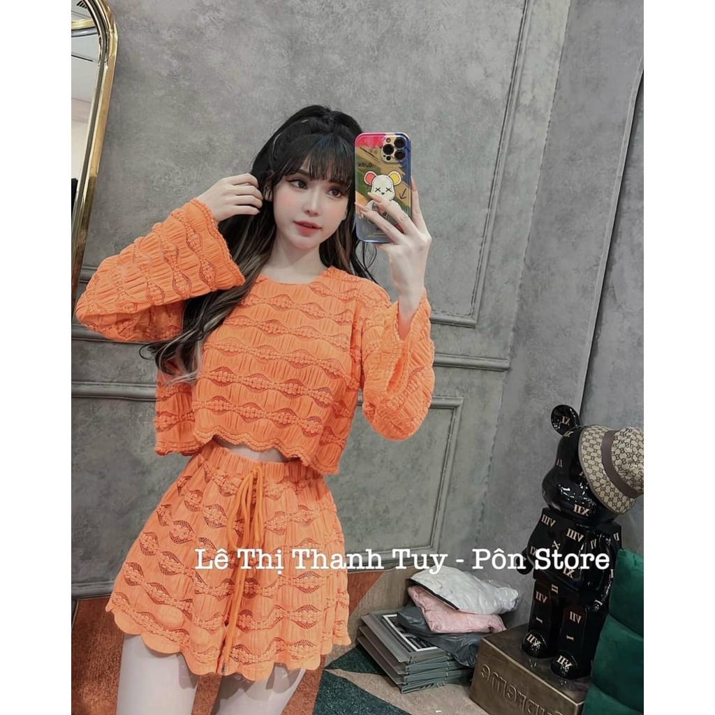 GKM_FREESHIP Sét bộ đồ nữ áo tay dài croptop mix quần đùi ống rộng cùng tone màu giản đơn phong cách nhẹ nhàng LUNA DSS