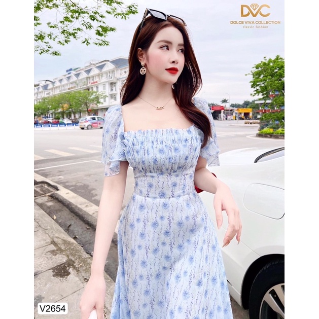 V2654 váy voan xanh hoa nhí