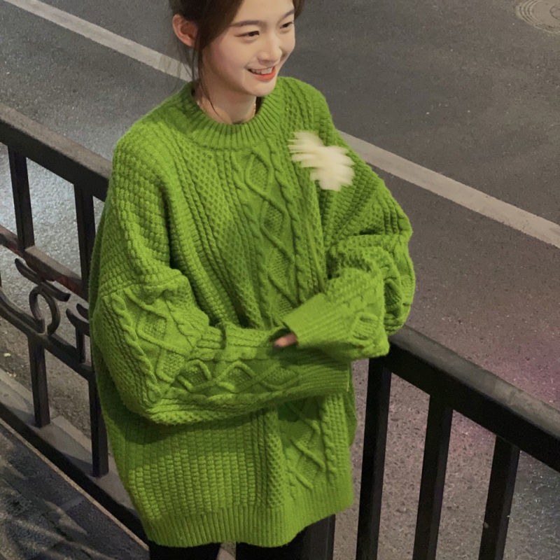 Áo Len Tay Dài Dáng Rộng Màu Xanh Lá Phong Cách Hàn Quốc Thời Trang Cho Nữ