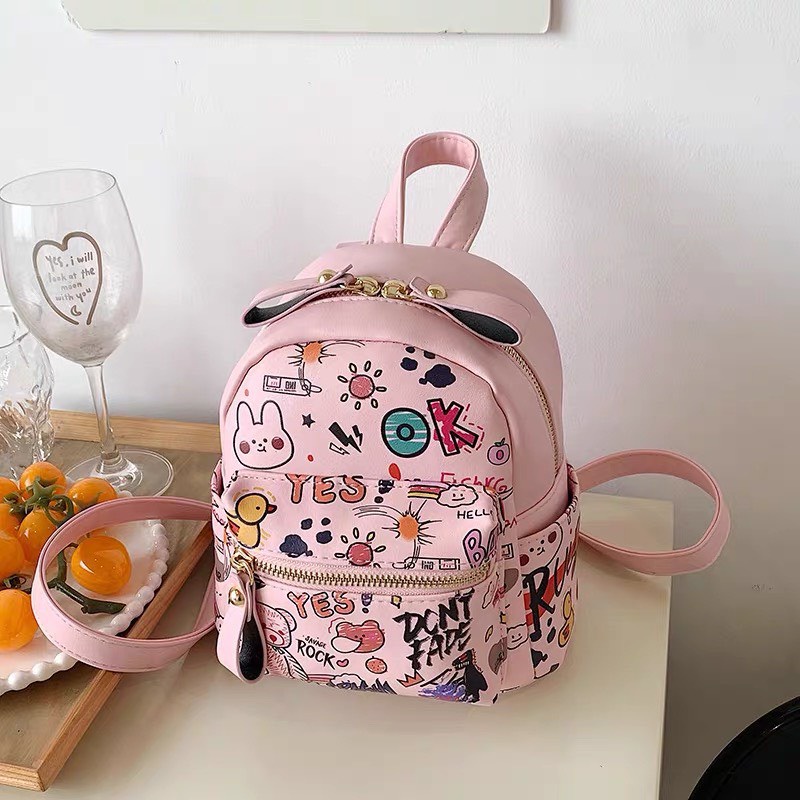 Ba lô mini nữ Linhstore  chất liệu da PU in họa tiết hoạt hình xinh xắn