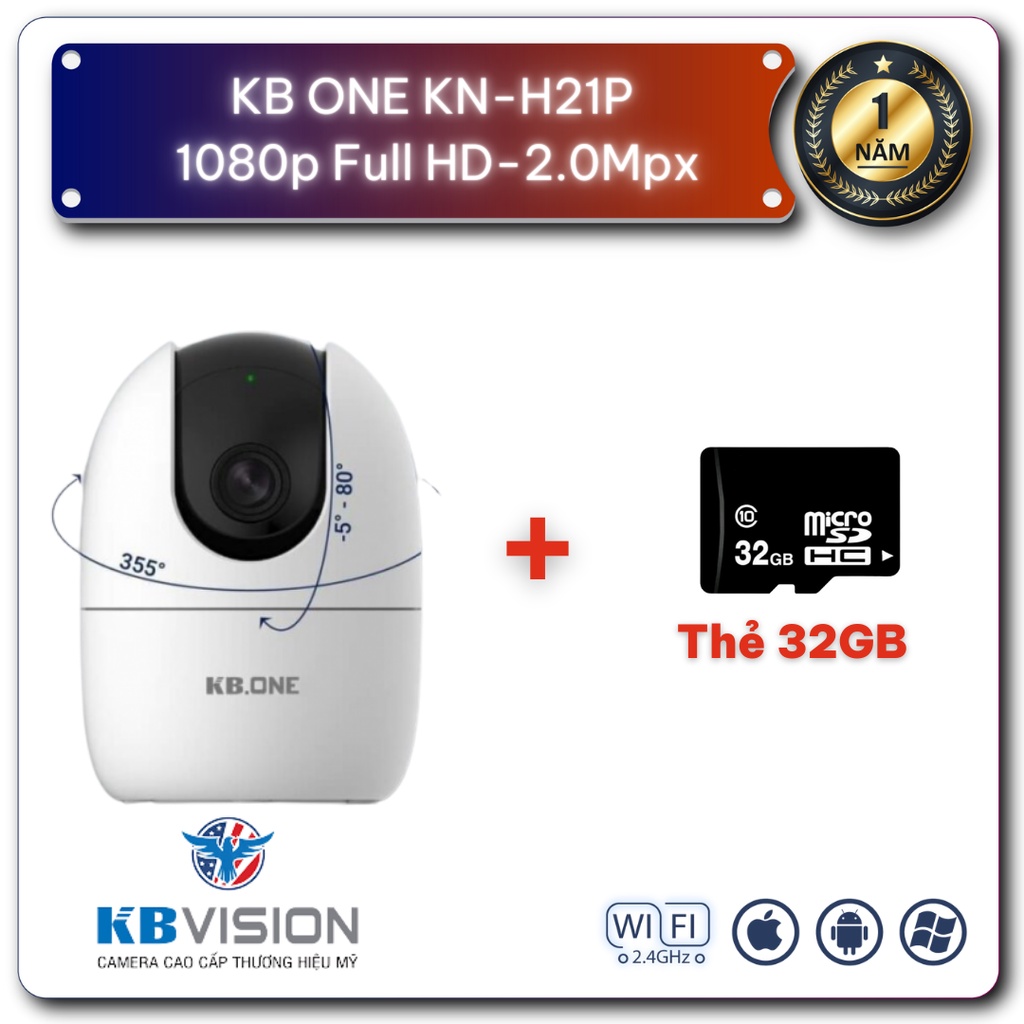 Camera không dây KBVISION, Camera WIFI IP KB ONE KN-H21P Full HD 1080p, 2.0 Megapixel