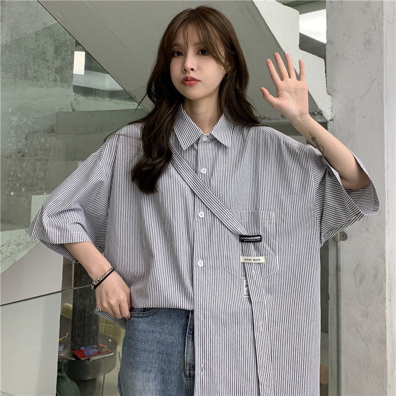 Áo Sơ Mi Tay Lỡ Dáng Rộng Họa Tiết Kẻ Sọc Thời Trang Hàn Quốc Cho Nữ