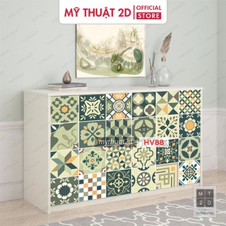 Sét 35 ô Decal gạch bông xanh vintage cổ điển_kt 20x20/ô HV88