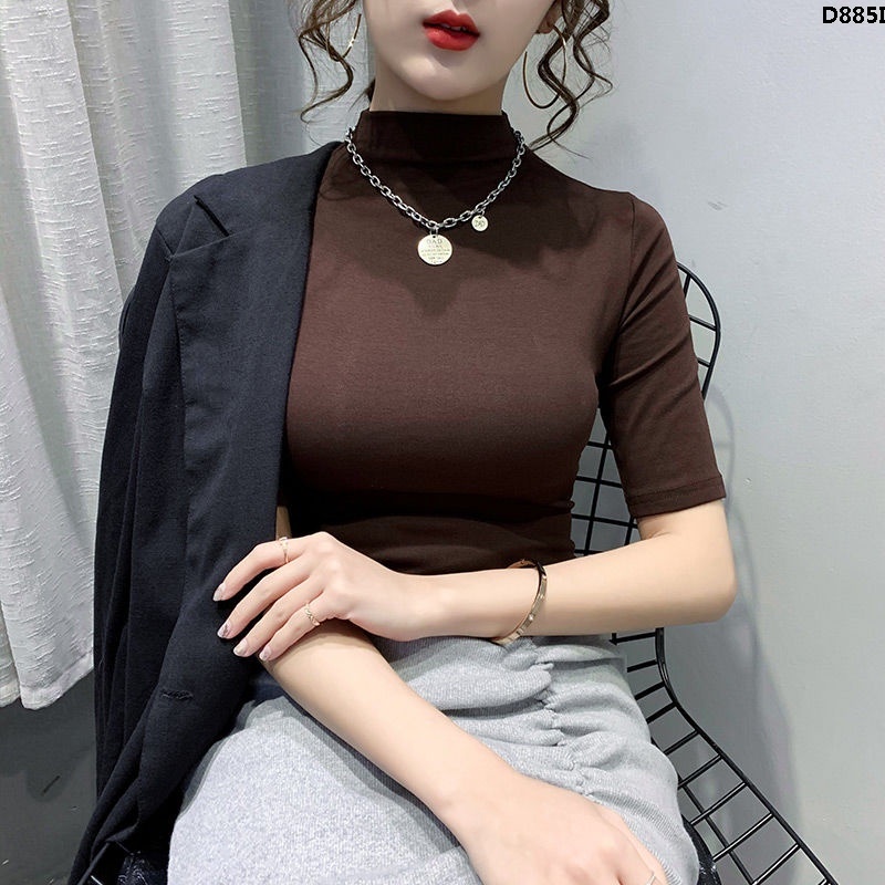 Áo thun cotton tay lửng cổ cao ôm dáng màu trơn thời trang cho nữ 2022