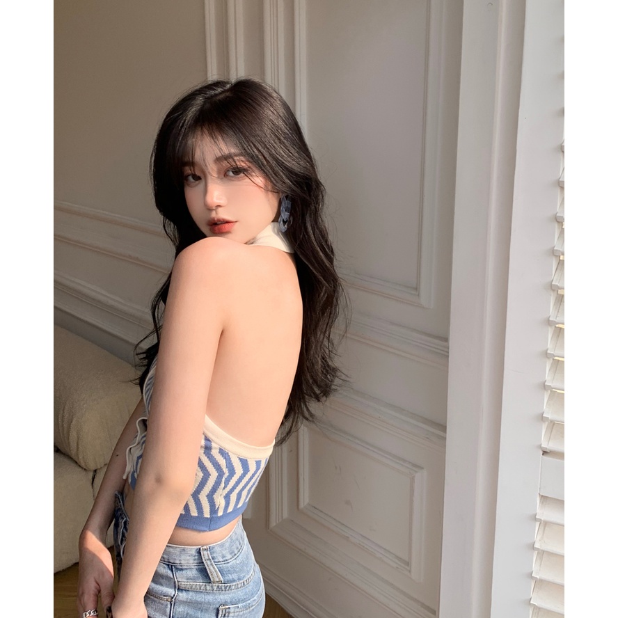 SUXI Áo tank top màu xanh thiết kế gợn sóng quyến rũ cho nữ