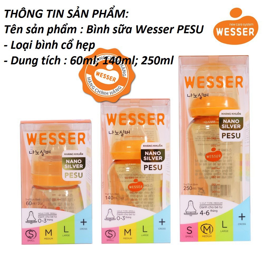 BÌNH SỮA CỔ HẸP WESSER PESU (60ml; 140ml; 250ml)