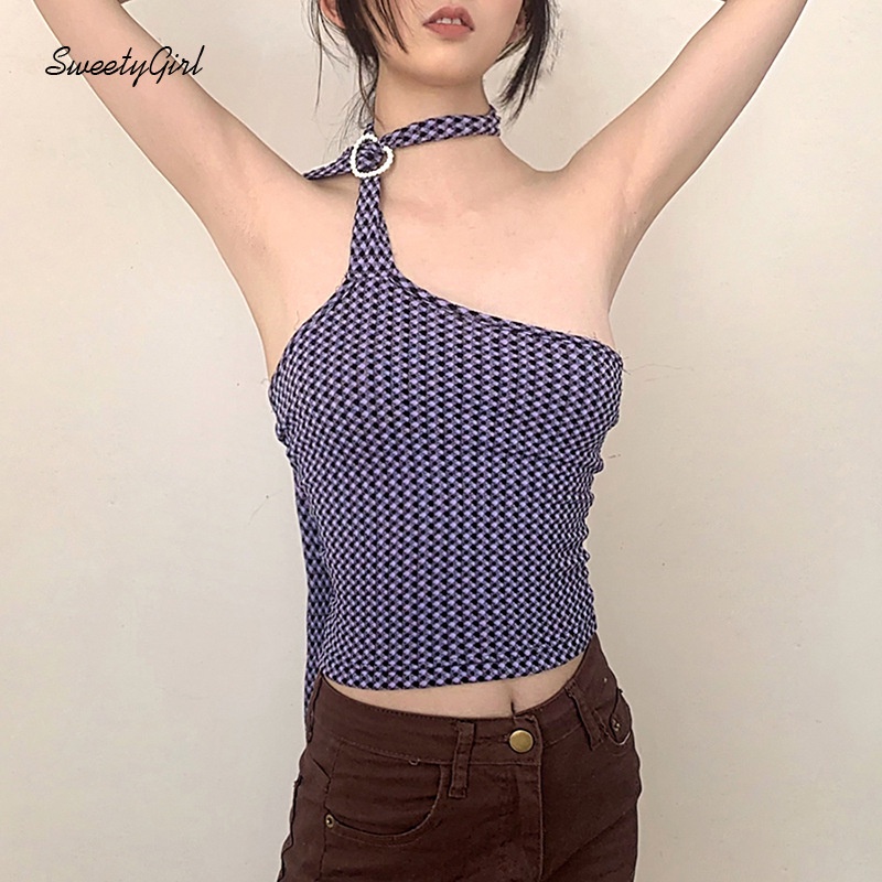 Áo lửng không tay dáng ôm hở lưng in họa tiết caro hợp thời trang cho nữ