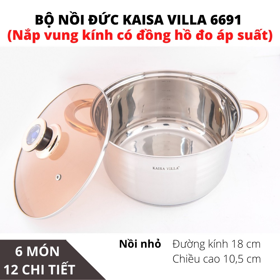 Bộ nồi KAISA VILLA Đức 6 món 12 chi tiết - Dùng cho mọi loại bếp điện, bếp từ, bếp ga (Bảo hành 12 tháng)