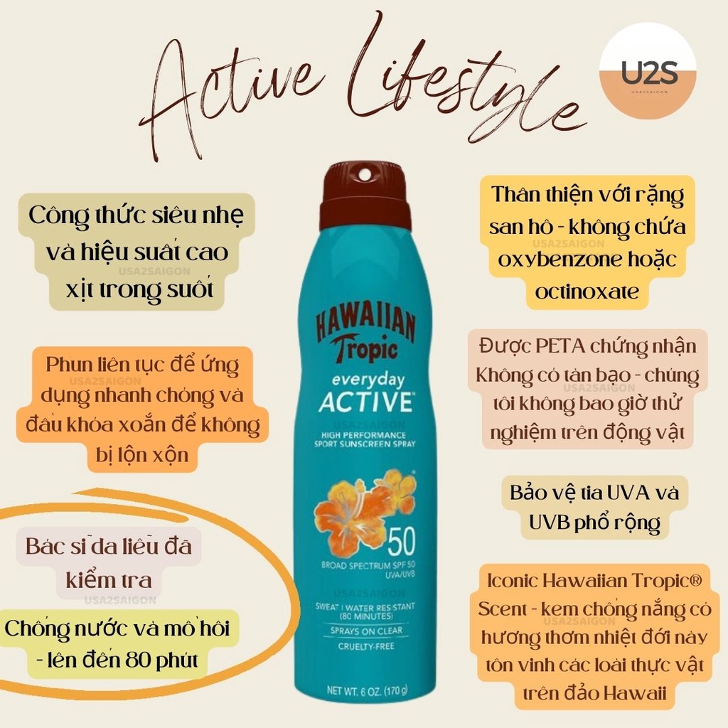 Xịt kem chống nắng Hawaiian Tropic Suncreen Lotion Spray Everyday Active SPF 30 50