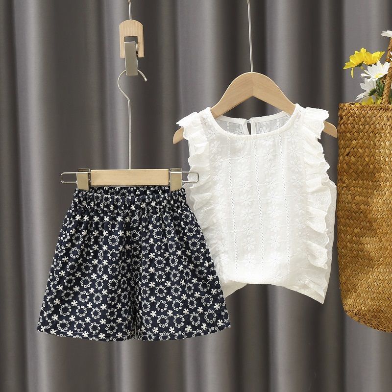 Bộ Áo Thun Cotton + Quần Short In Hoa Phong Cách Hàn Quốc Nhật Bản Thời Trang Mùa Hè Mới 2022 Cho Bé Gái