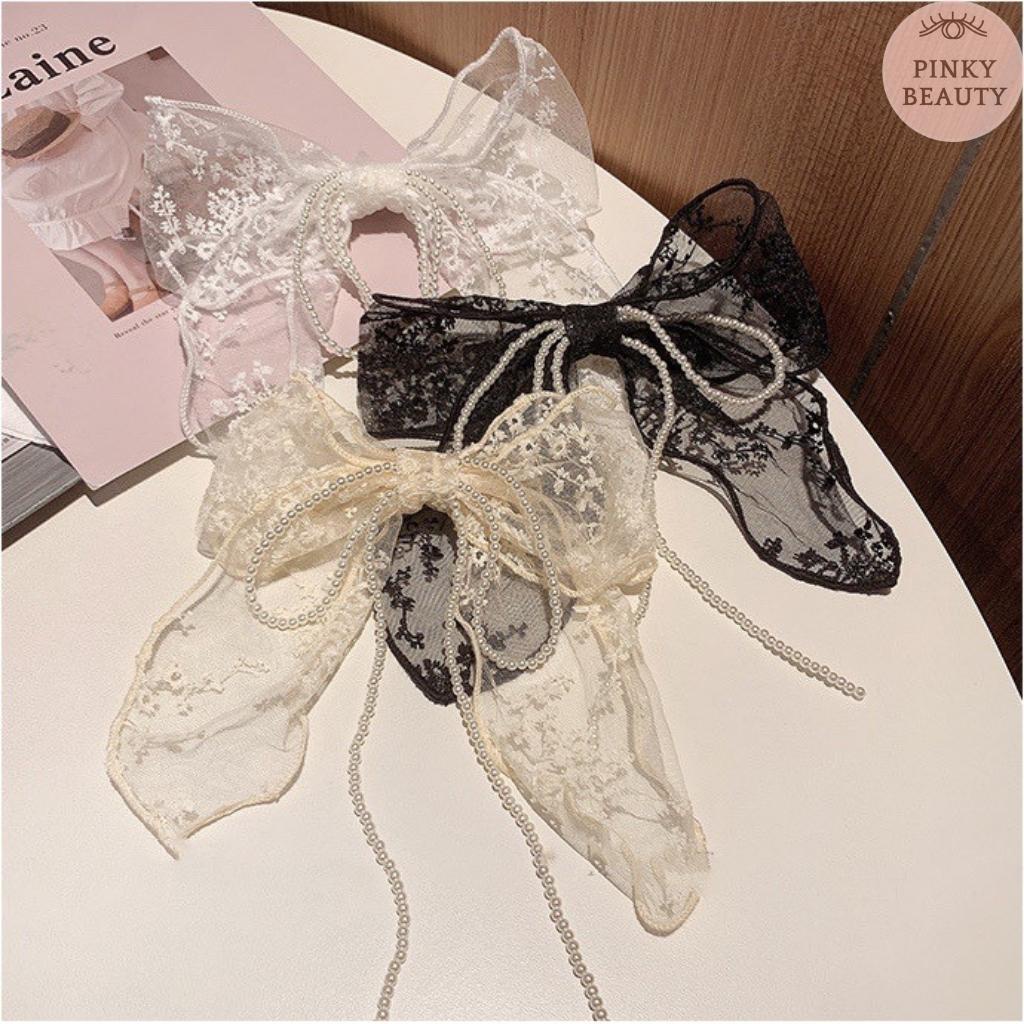 Kẹp Tóc Hình Nơ Phối Ren Đính Ngọc Trai Nhân Tạo Kẹp Nơ Tiểu Thư Phong Cách Hàn Quốc Xinh Xắn Dễ Thương - Pinky Beauty