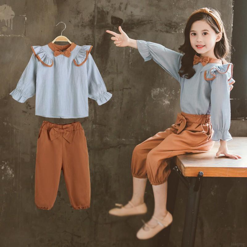 Bộ áo quần dài tay ống loe thắt nơ xinh xắn cho bé gái