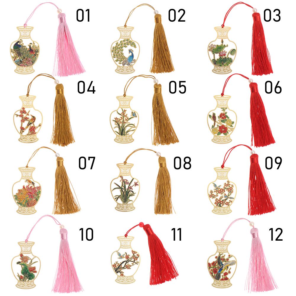 Kẹp đánh dấu trang sách hình bình hoa bằng đồng thau phối tua rua phong cách Trung Hoa cổ điển