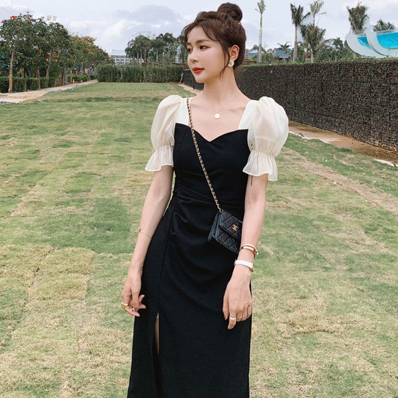 đầm chân váy dài áo tay phồng Đầm Tay Phồng Màu Đen Dáng Dài Phối Màu Tương Phản Thời Trang Thanh Lịch Cho Nữ