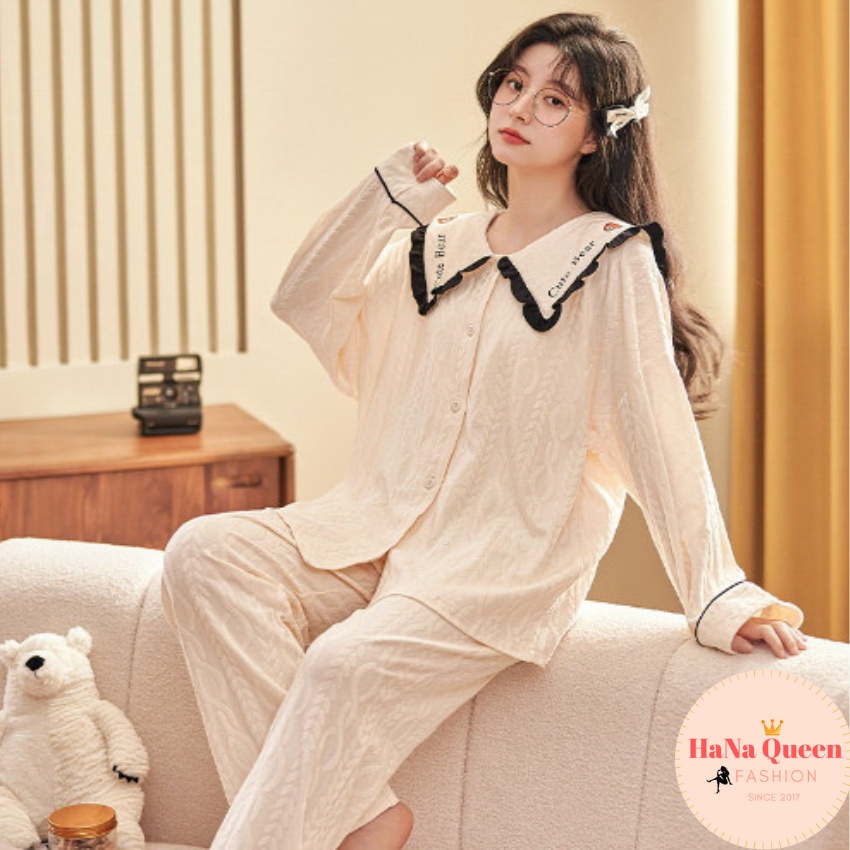 Bộ đồ pijama cổ sen phối bèo chất cotton nhung giữ ấm cực tốt cho mùa đông [Hàng Có sẵn]