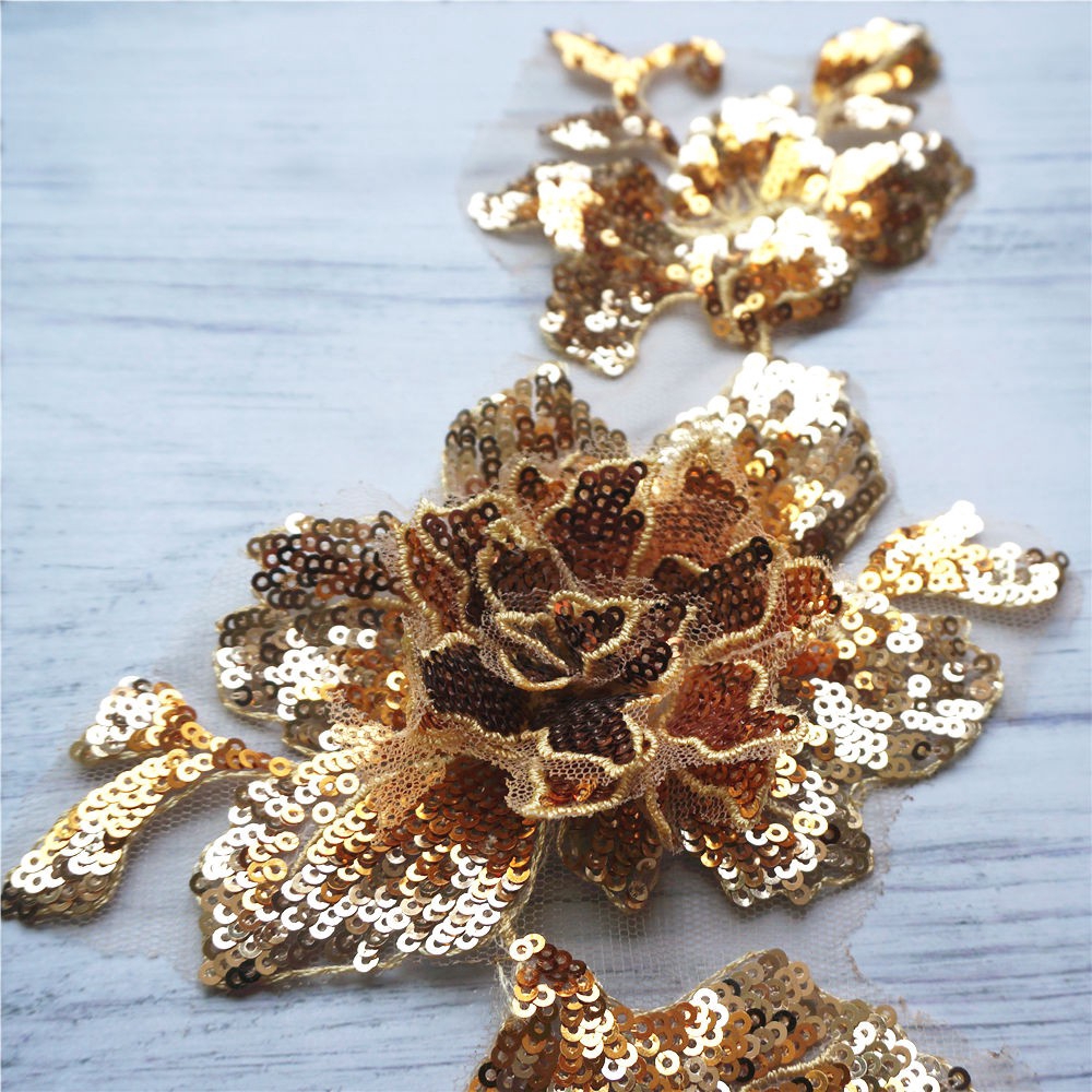 Vàng Sequin Thêu Ren Đính May Hoa Vải Cổ Miếng Dán Váy Cưới Váy Cô Dâu DIY
