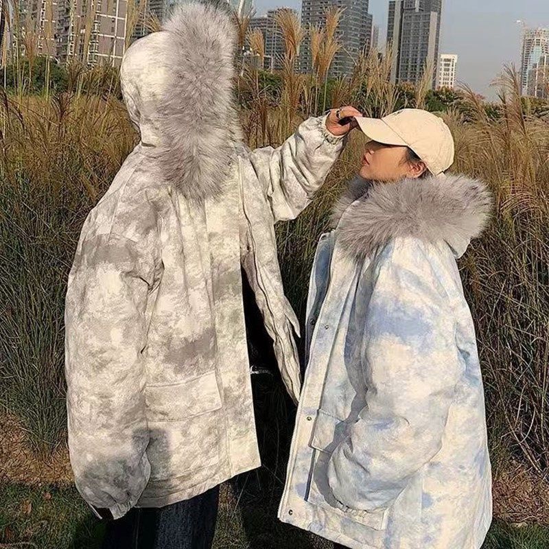 ✤✘Oora Áo Khoác Phao Có Đệm cotton Phối Lông Ấm Áp Màu Nhuộm Thời Trang Mùa Đông Cho Cặp Đôi